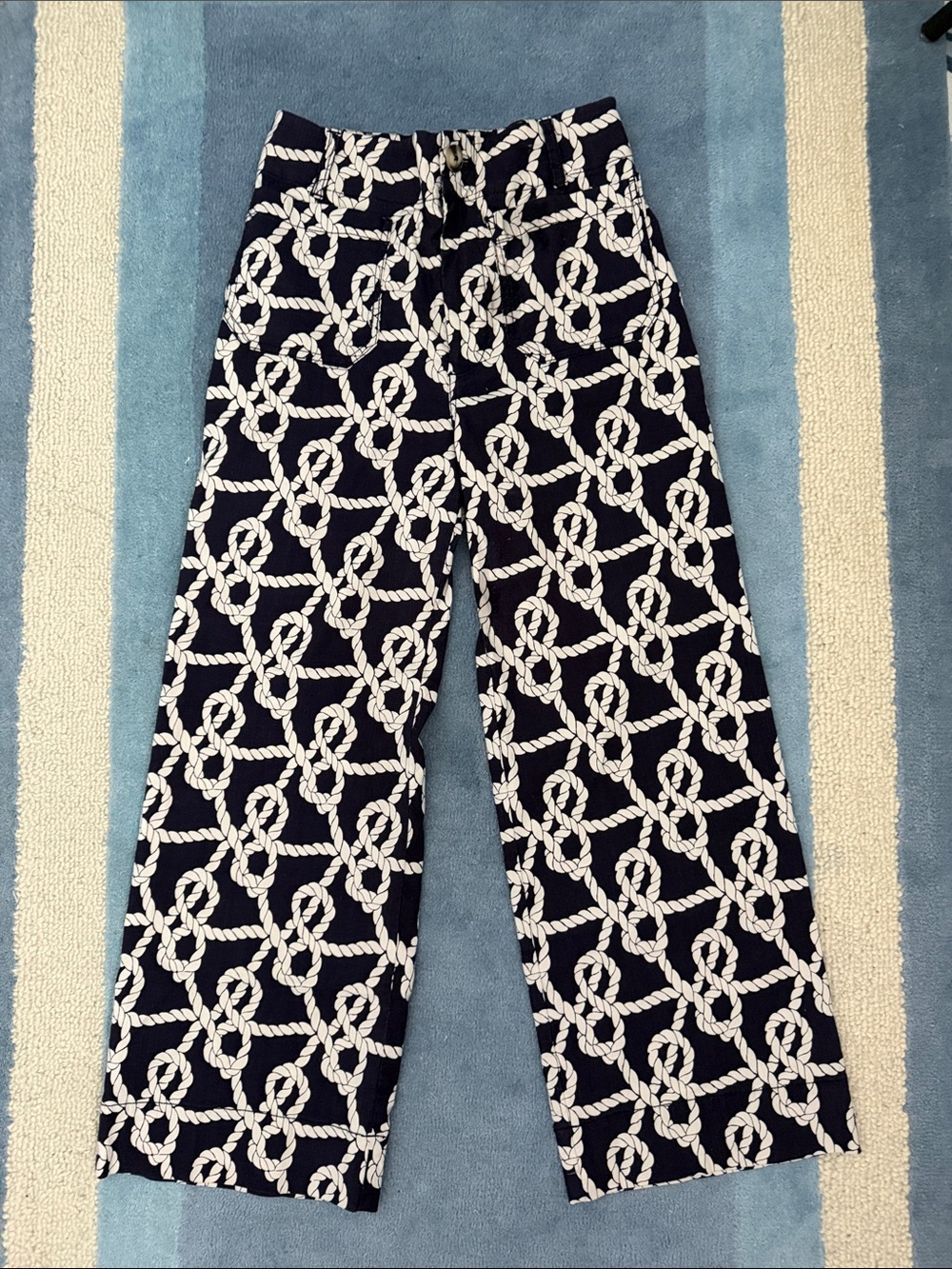 Anthropologie Maeve Colette Navy and White Rope-Print Cropped Wide-Leg Pants